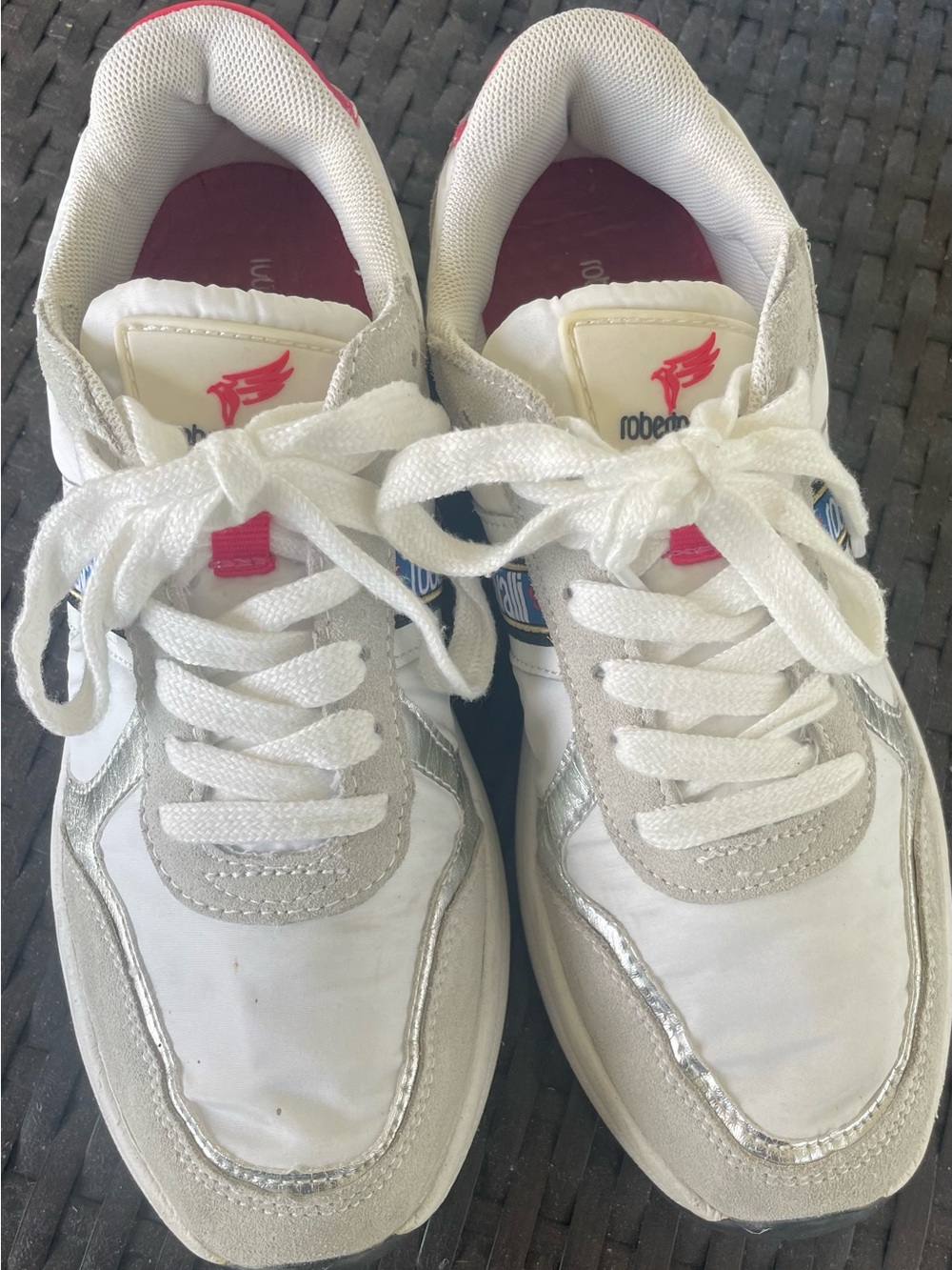 Roberto Cavalli White and Silver Runner Sneakers. Sport